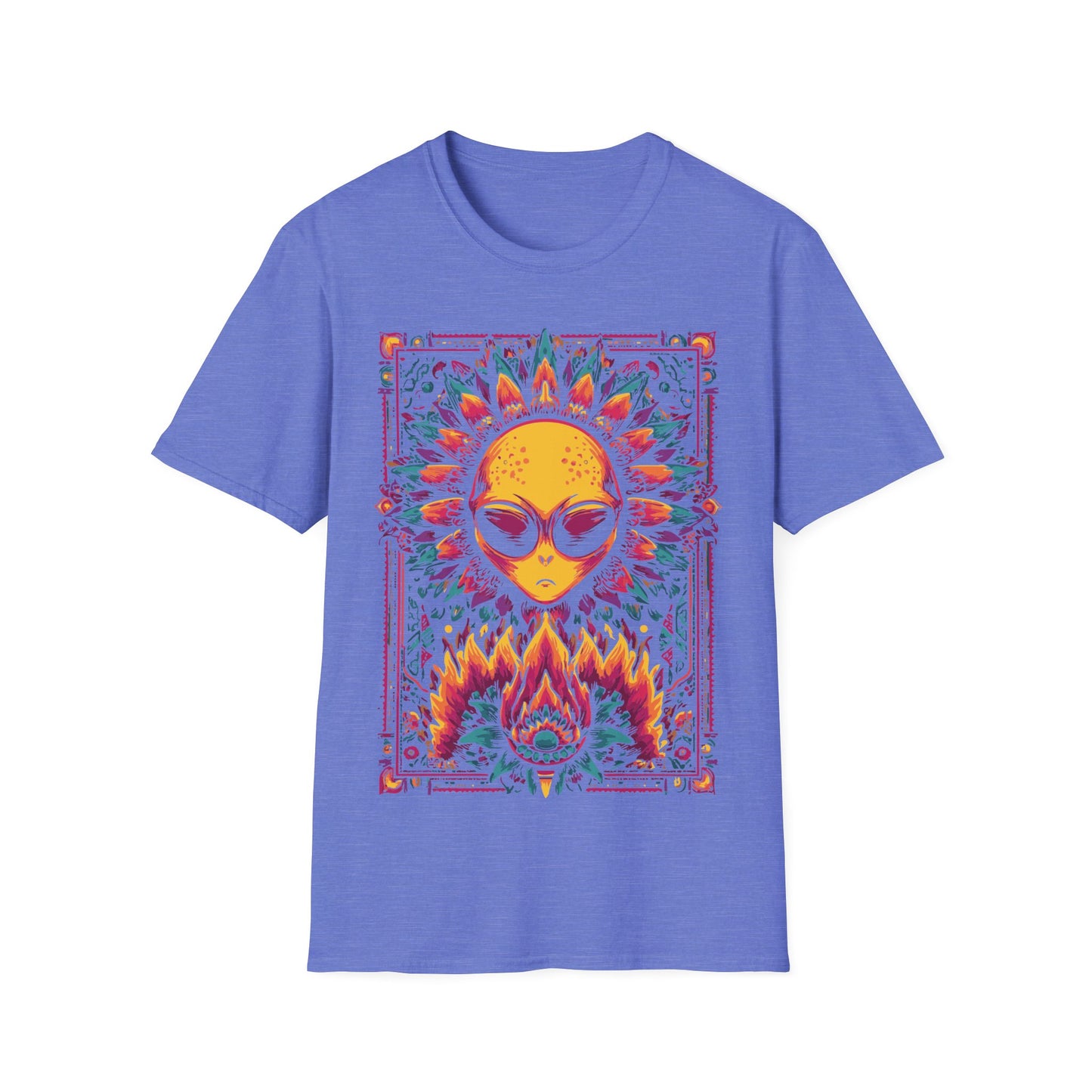 Psychedelic Alien Floral t-shirt design, featuring a glowing yellow alien head framed by vivid pink, teal, and orange floral patterns in a symmetrical psychedelic illustration on a heather navy blue background