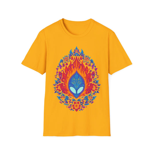 Flaming Alien Mask Floral t-shirt design, featuring a blue alien mask surrounded by vivid orange flames and bright pink, purple, and blue floral elements in a symmetrical psychedelic illustration on a yellow background