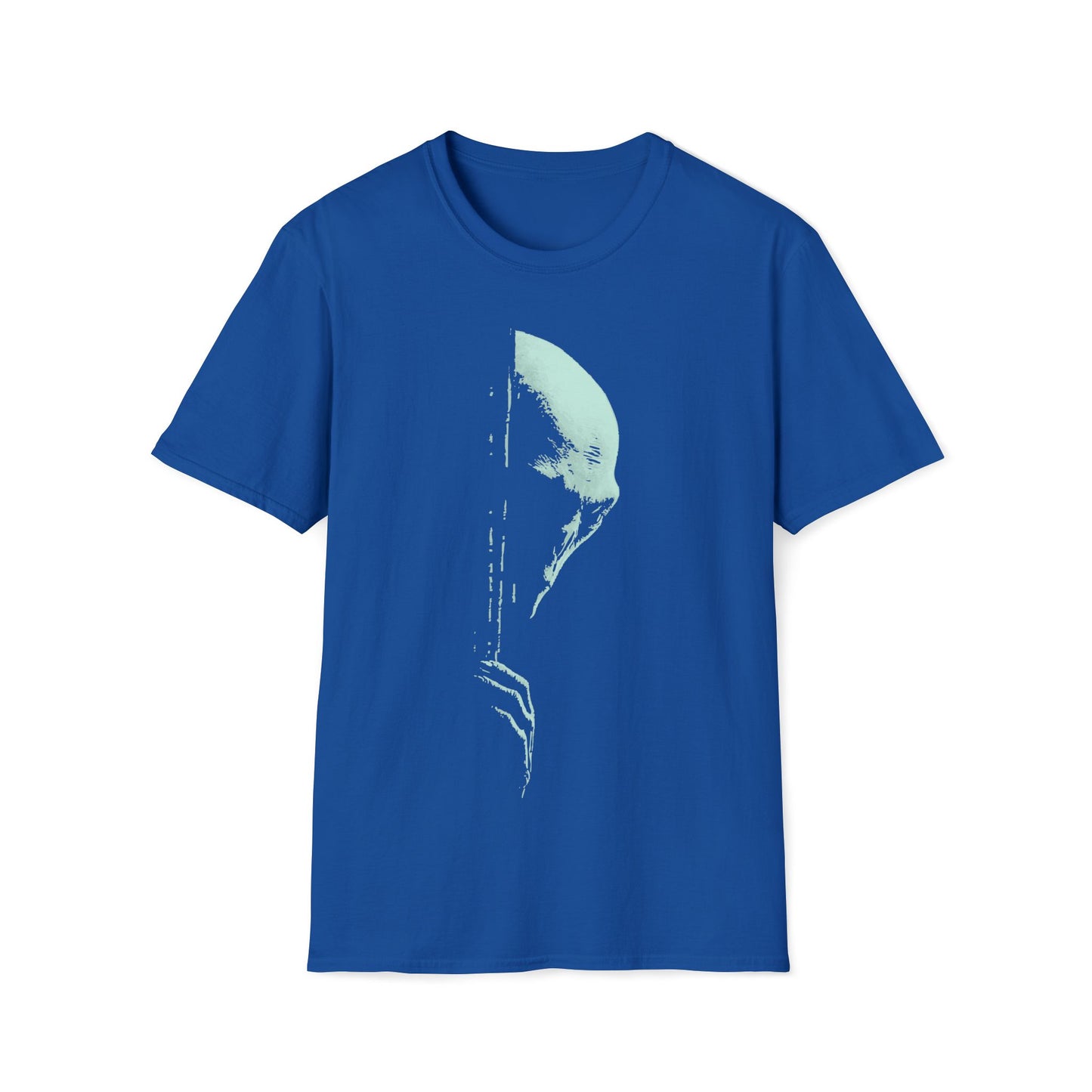 Creepy mint-green alien face silhouette with glitch/distressed texture on royal blue background, minimalist sci-fi UFO conspiracy t-shirt design