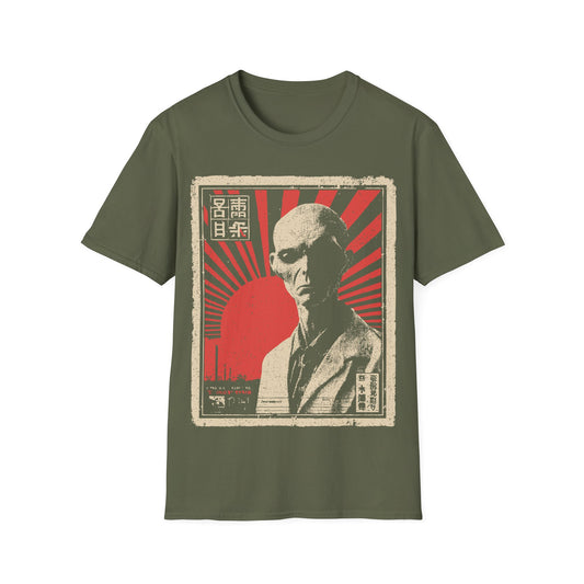 Visitor Rising Alien Alphabet t-shirt design, featuring a detailed pale alien portrait with Japanese inspired text elements and radiating red sunburst in a distressed retro poster style on a military green background
