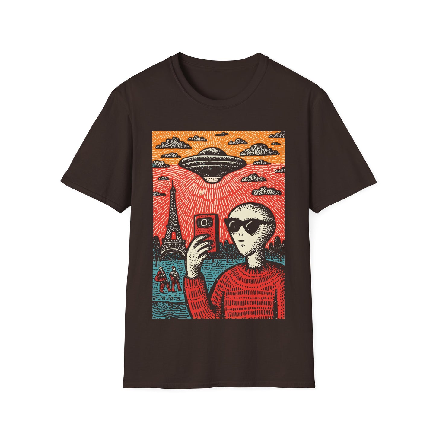 Alien Invasion Selfie Linocut t-shirt design, featuring a sunglasses wearing alien taking a selfie beneath a hovering UFO near the Eiffel Tower in a bold red, blue, and cream linocut style illustration on a dark chocolate brown background