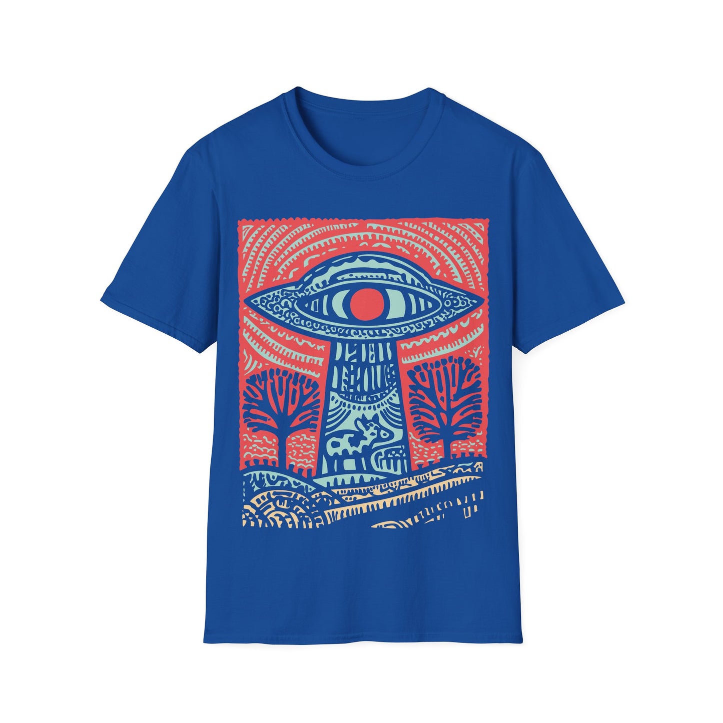 All-seeing UFO cow abduction design with eye-shaped flying saucer beaming up cow in colorful folk art landscape on blue t-shirt