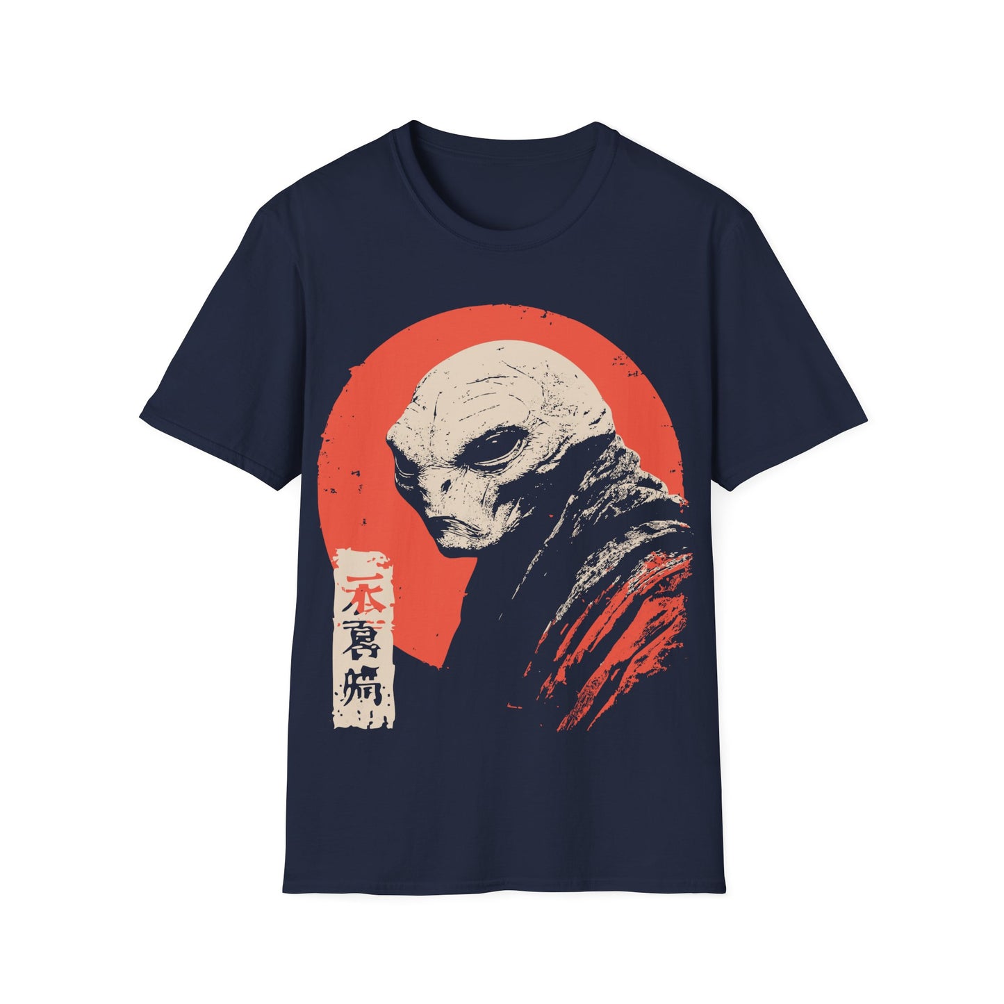 Alien Red Sun Portrait t-shirt design, featuring a pale side profile alien figure in a distressed woodblock style illustration with Japanese inspired seal details against a muted red sun on a navy blue background