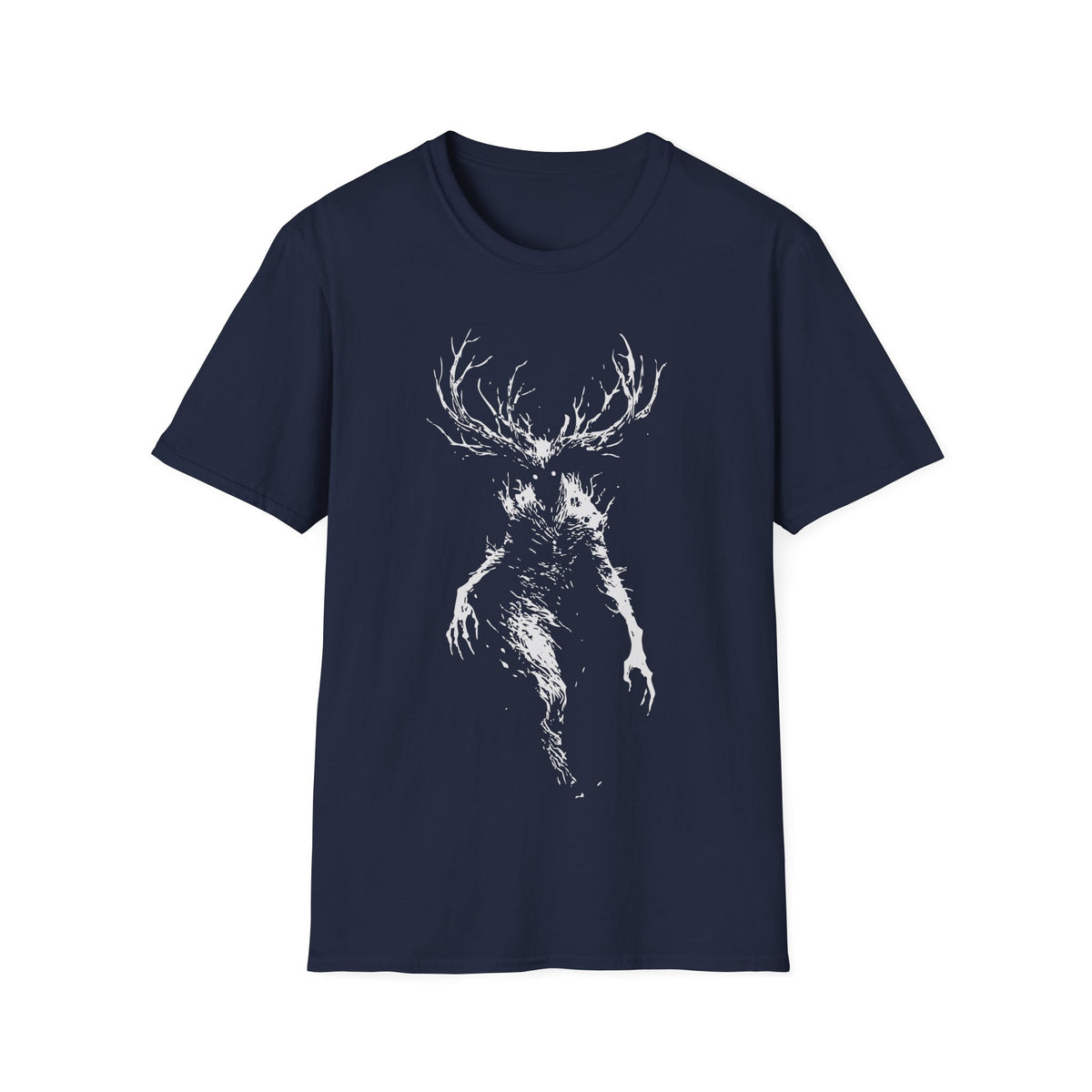Wendigo Scary t-shirt design, featuring a towering antlered Wendigo with glowing eyes, skeletal limbs, and a shadowy distorted body in a stark distressed white silhouette on a navy blue background