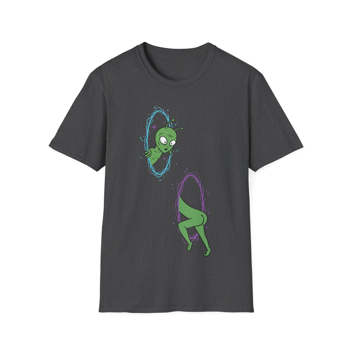 The Portal t-shirt design, featuring a confused green alien awkwardly passing through two glowing cosmic portals, with its head emerging from one and body disappearing into another in a funny cartoon style on a dark heather grey background