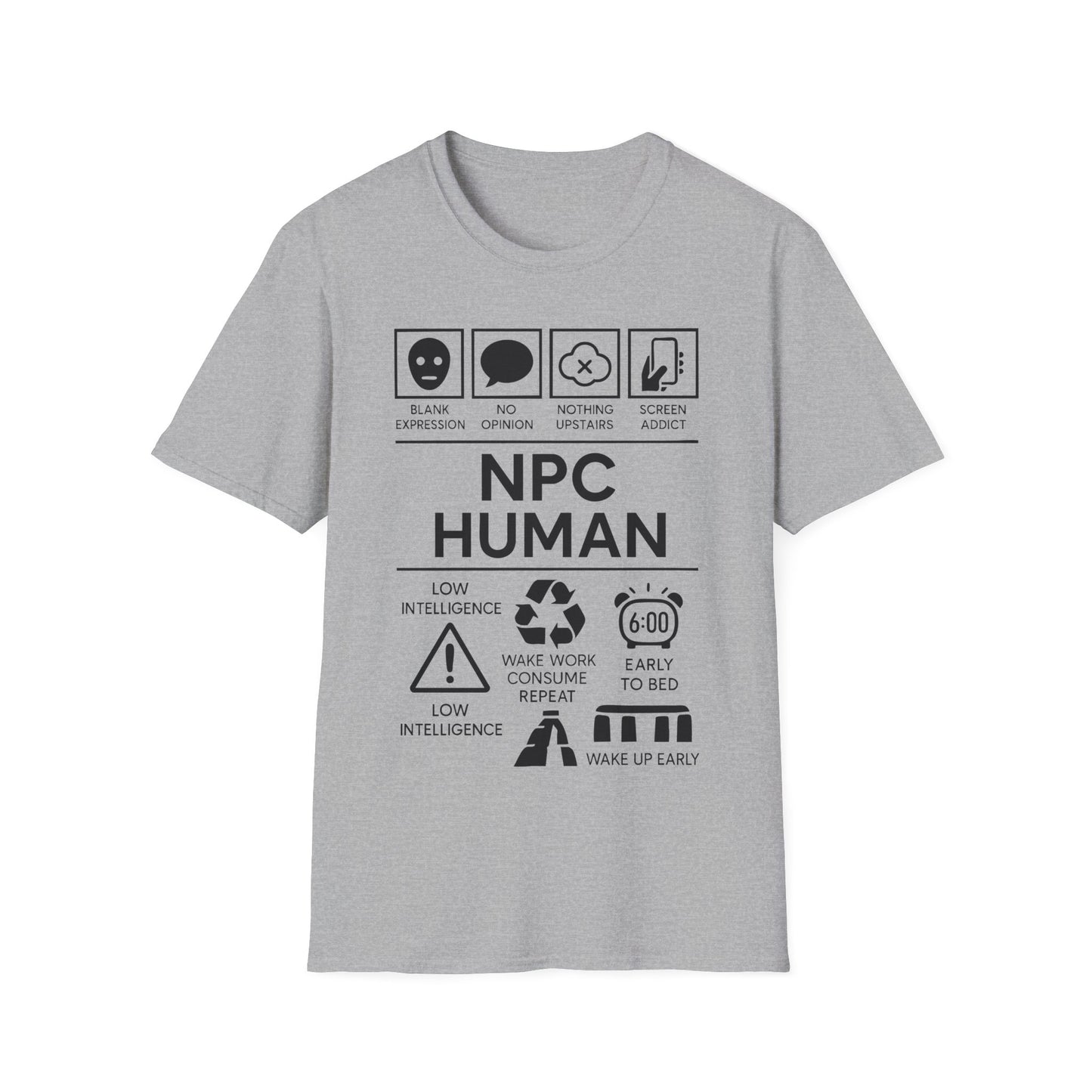 NPC Human Icon Based t-shirt design, featuring bold white NPC Human lettering with blank face, speech bubble, phone, warning symbol, alarm clock, and satirical human-behavior icon panels in a monochrome infographic style on a grey background