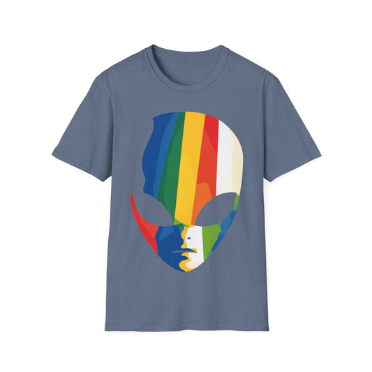 Colorful Alien t-shirt design, featuring a stylized alien face filled with bold vertical rainbow colors and oversized black eyes on a heather indigo grey background
