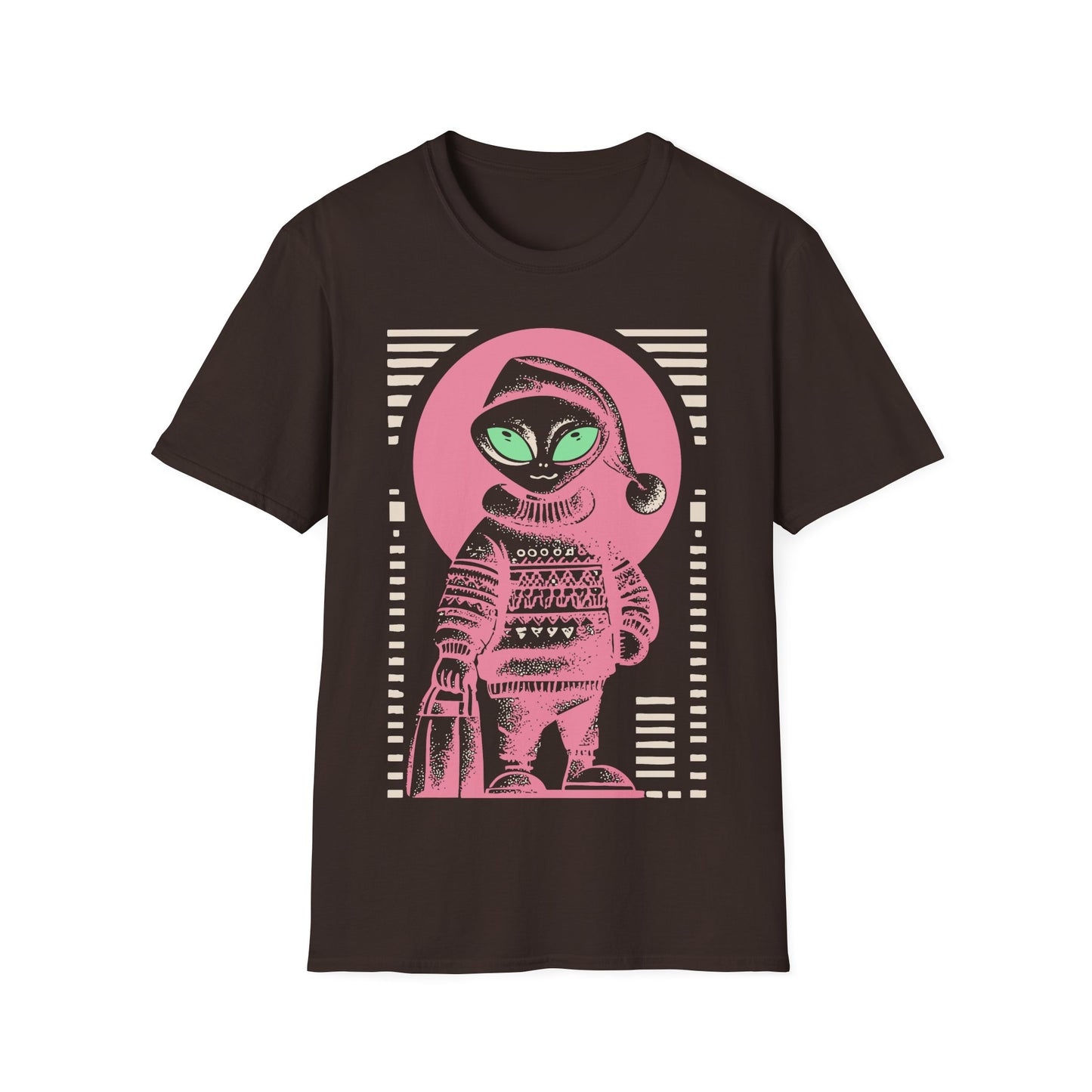 Holiday Shopper Alien t-shirt design, featuring a festive grey alien in Santa hat and patterned winter sweater carrying a shopping bag in bold illustration on a dark chocolate brown background