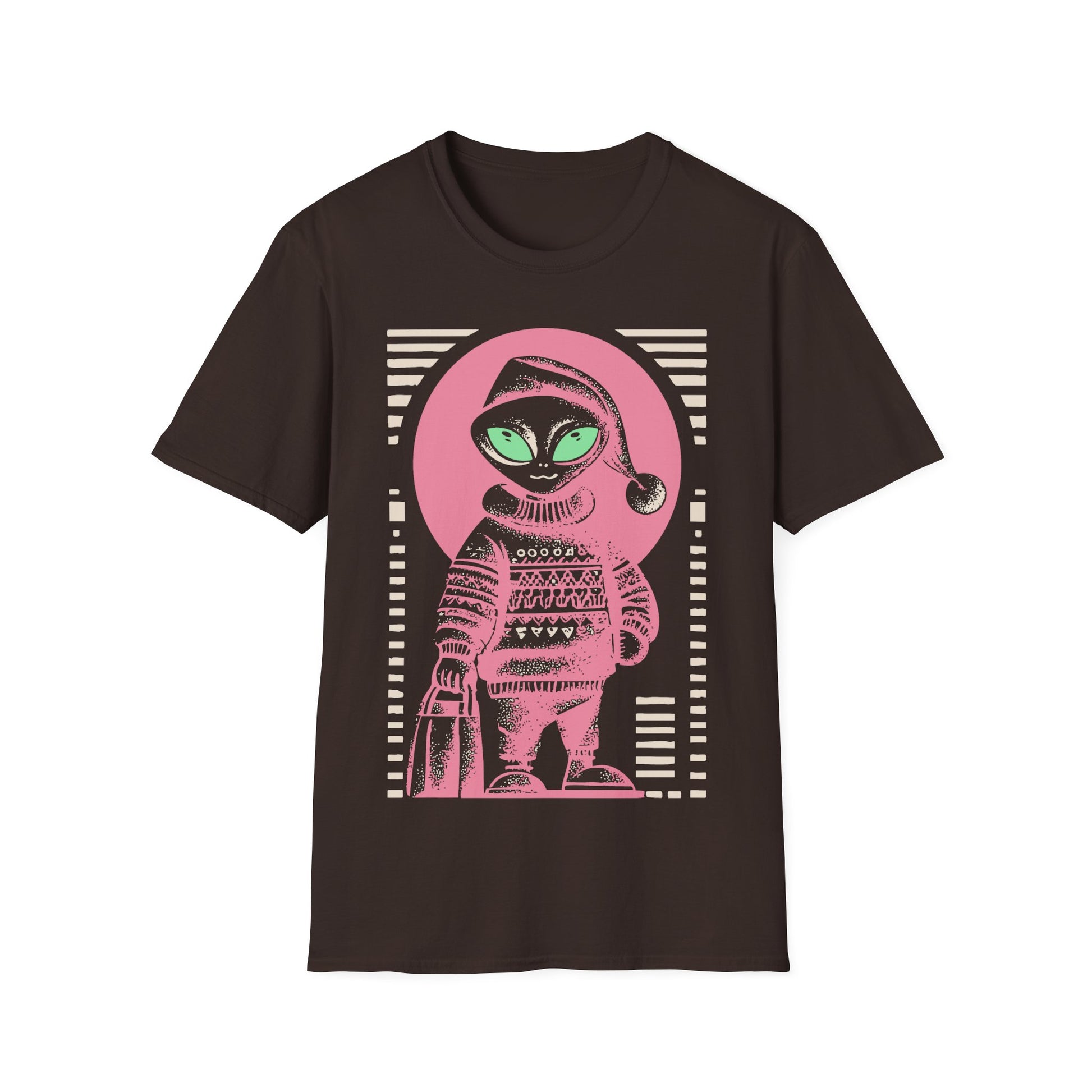 Holiday Shopper Alien t-shirt design, featuring a festive grey alien in Santa hat and patterned winter sweater carrying a shopping bag in bold illustration on a dark chocolate brown background