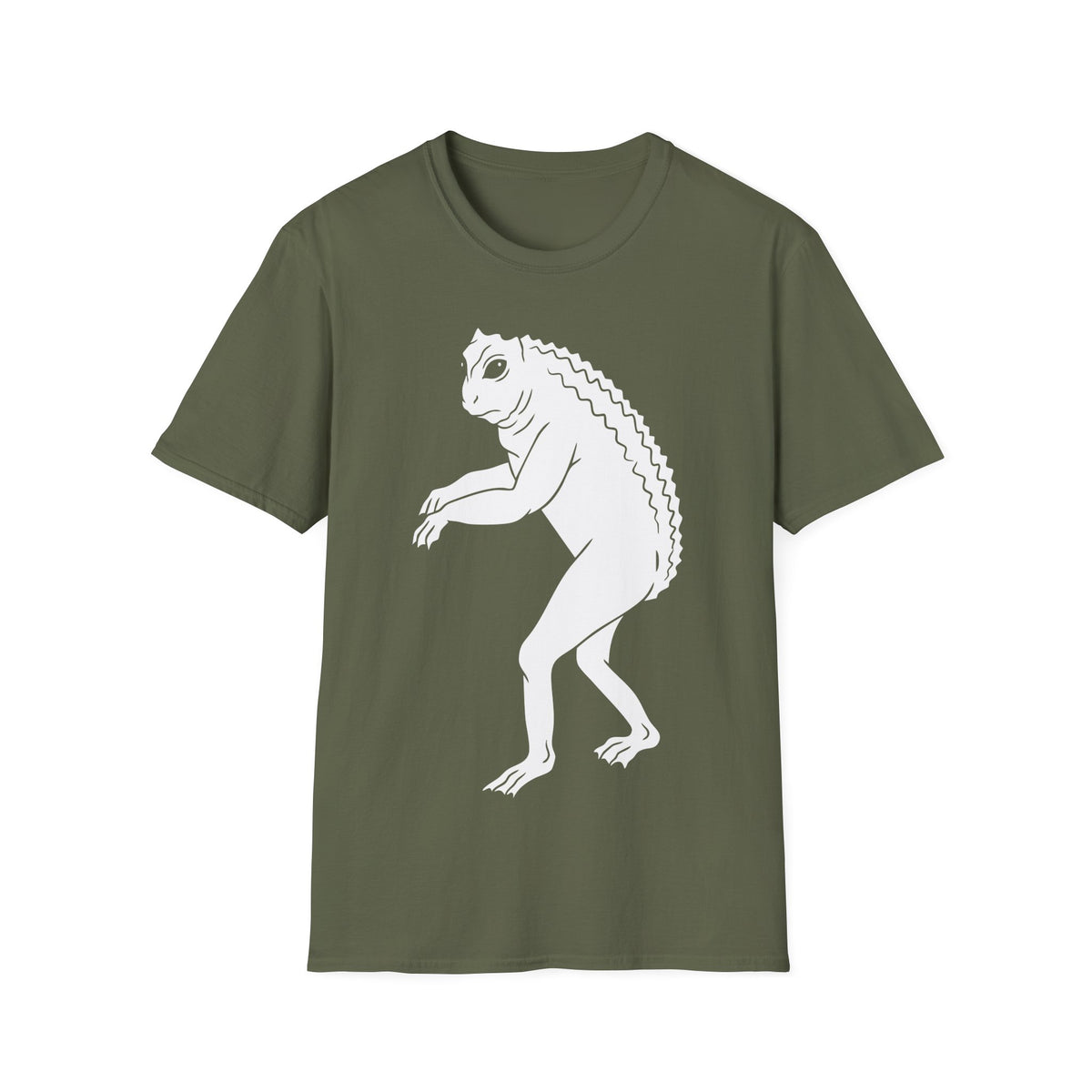 Loveland Frogman t-shirt design, featuring a white humanoid frog creature with large eyes, long limbs, clawed hands and feet, and a ridged back on a black background
