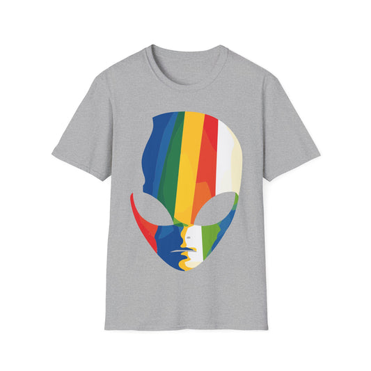 Colorful Alien t-shirt design, featuring a stylized alien face filled with bold vertical rainbow colors and oversized black eyes on a sport grey background