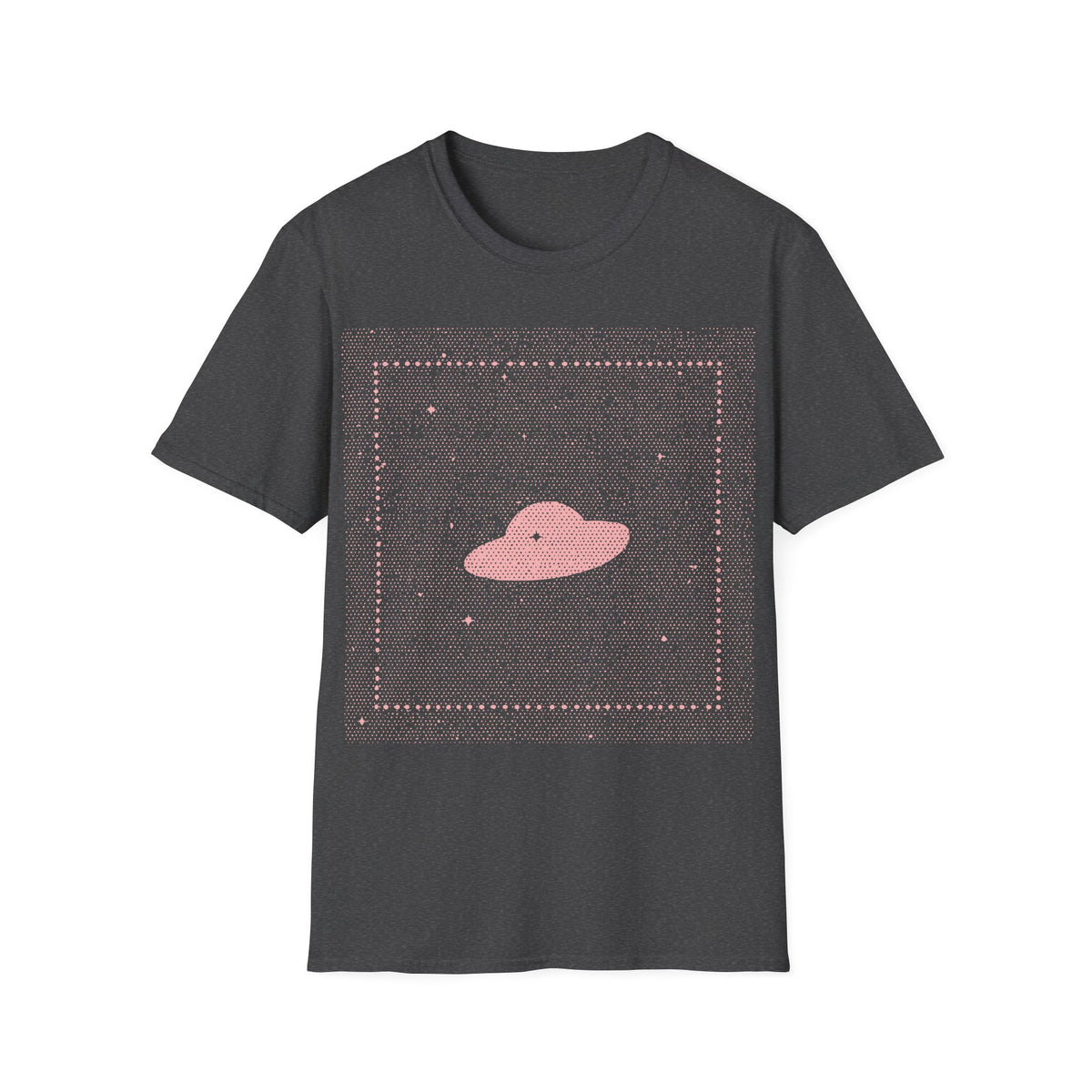 UFO Dream t-shirt design, featuring a minimalist pink flying saucer floating in a dense dotted star field, framed by a subtle square border and scattered stars in a dreamy retro cosmic style on a dark heather grey background