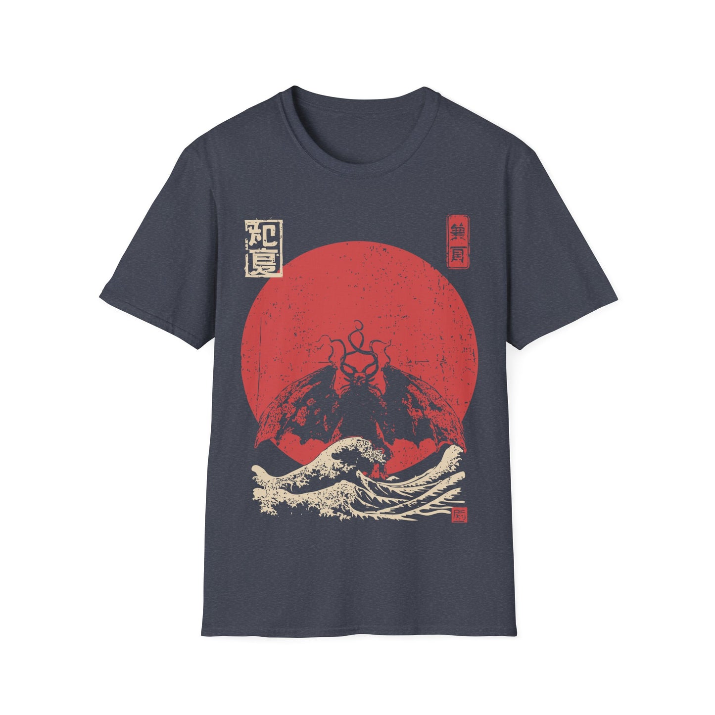 Mothman Red Sun t-shirt design, featuring a shadowy winged Mothman with glowing eyes rising above crashing waves against a distressed red sun in a vintage Japanese inspired illustration on a dark grey background