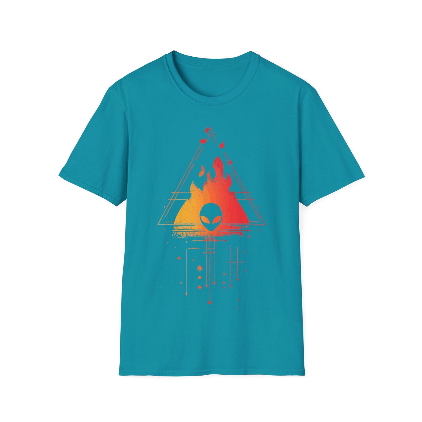Alien Burning Triangle t-shirt design, featuring an alien head set against fiery yellow-to-red flames inside a geometric triangle with retro sci-fi linework on a tropical blue background