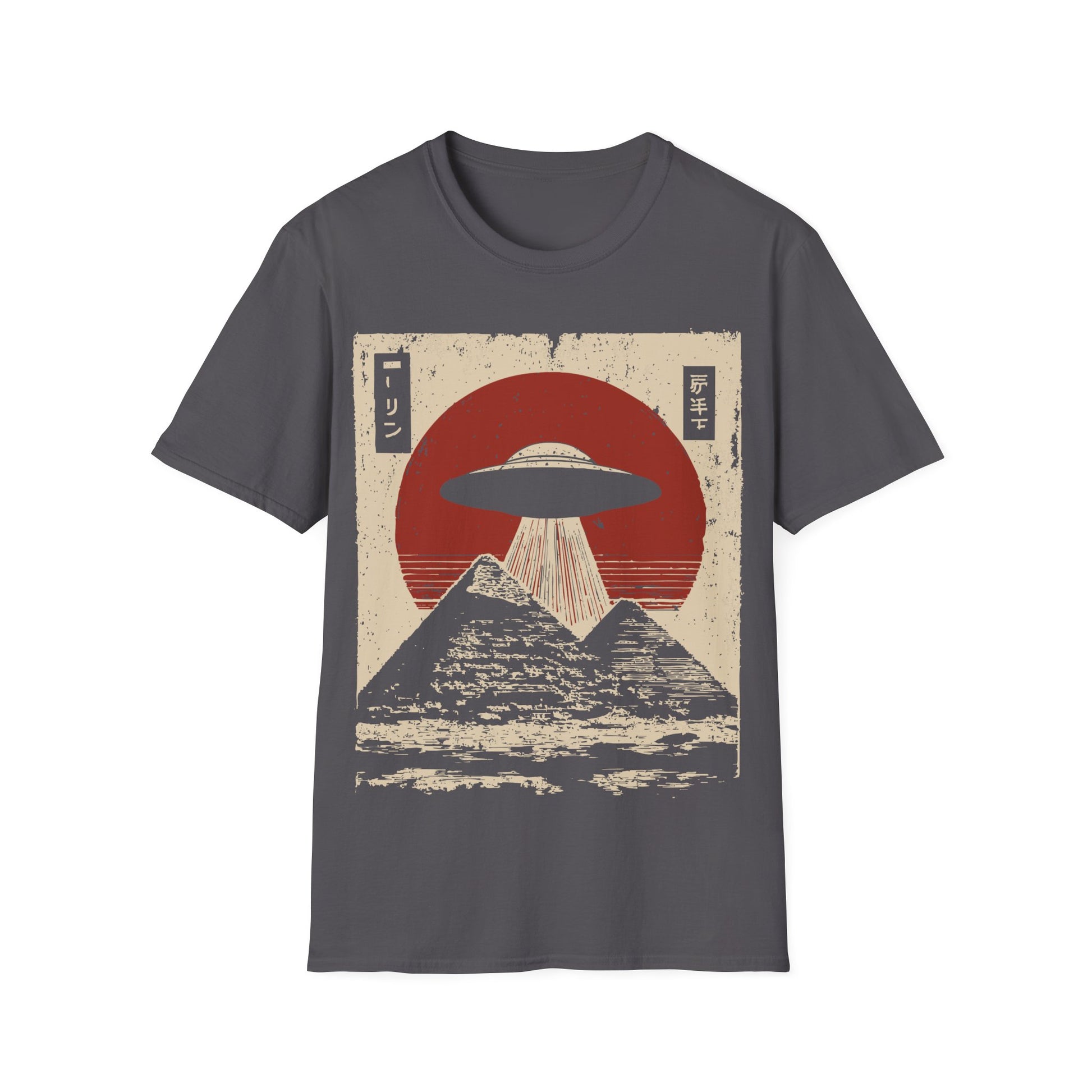 Pyramids Desert Extraction t-shirt design, featuring a classic flying saucer beaming down over two pyramids with Japanese inspired text elements and a distressed red sun in a vintage retro sci-fi illustration on a charcoal grey background
