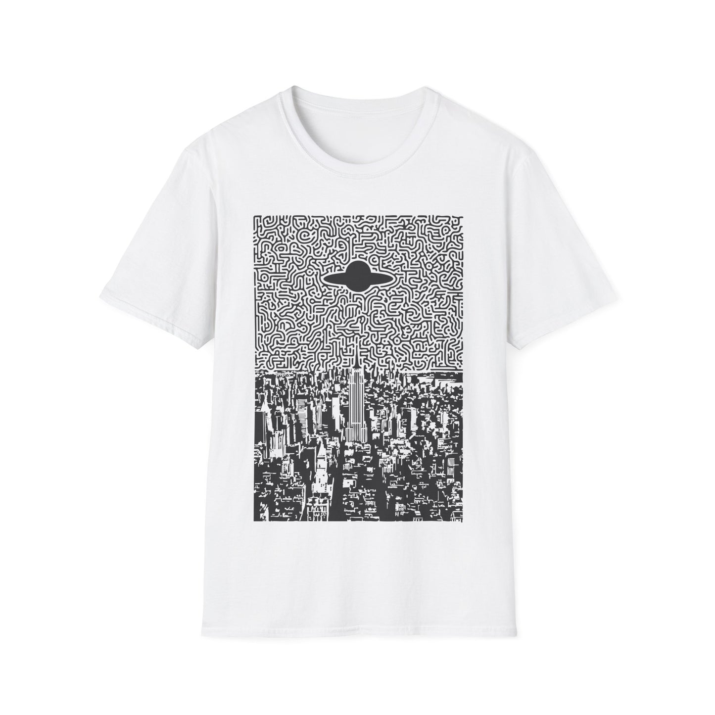 UFO over New York t-shirt design with flying saucer hovering above New York City skyline and abstract maze-pattern night sky on white t-shirt