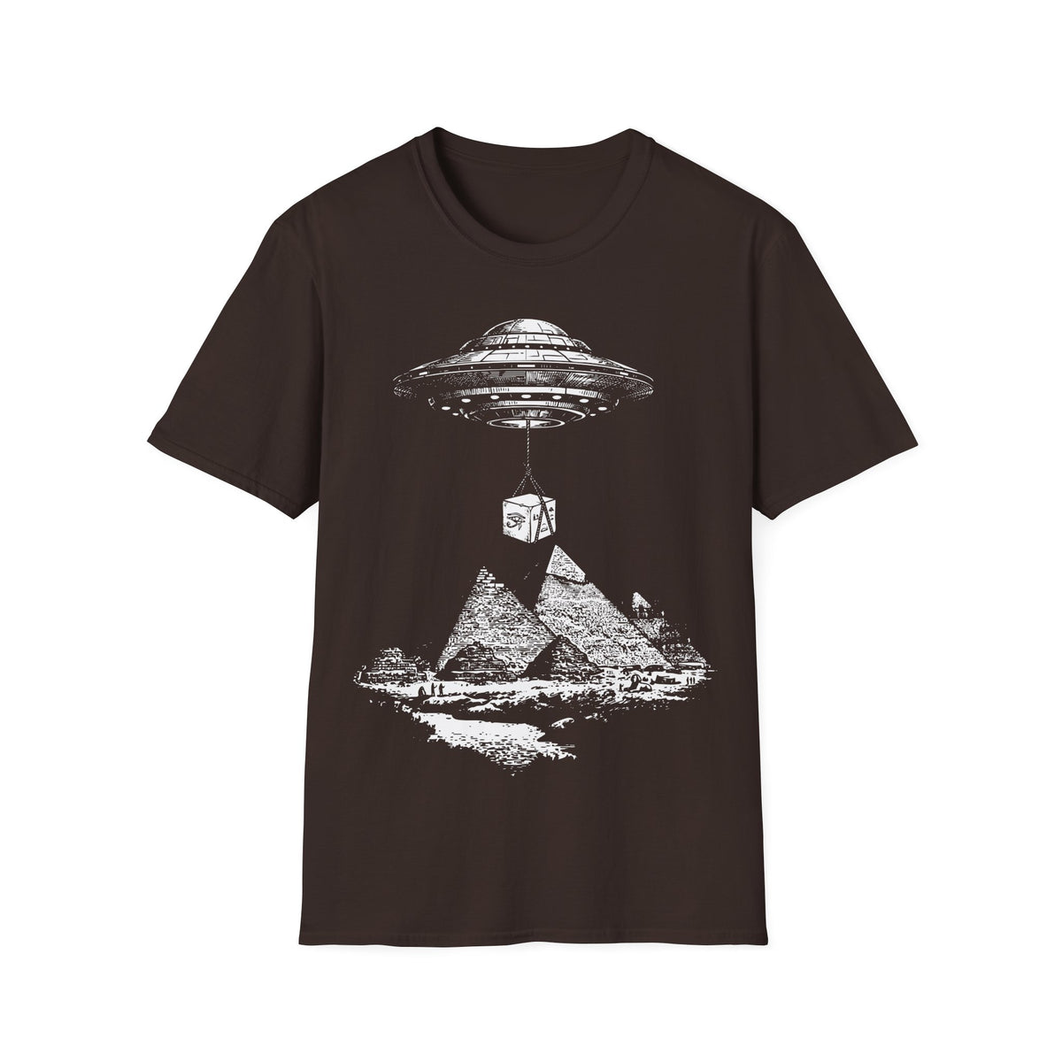 UFO Carrying Lime Block t-shirt design, featuring a flying saucer using ropes to lift a massive stone block above the pyramids of Giza in a detailed vintage illustration on a dark chocolate brown background