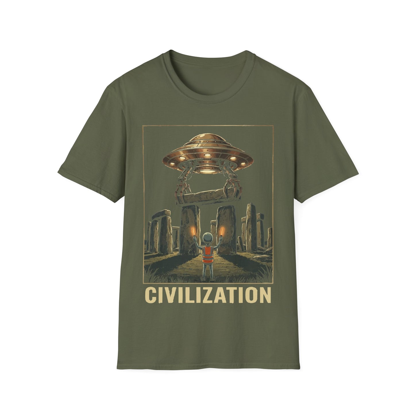 Stonehenge Construction t-shirt design, featuring a small alien overseeing a hovering UFO lifting a stone lintel into place above Stonehenge in a retro sci-fi illustration including word 'Civilization' on a military green background