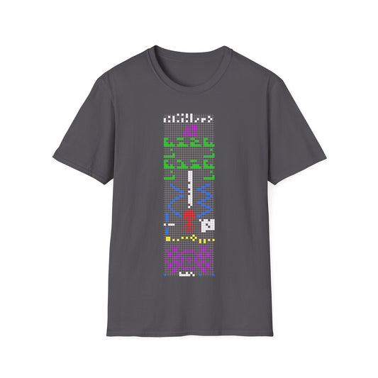 Chilbolton Message t-shirt design, featuring the multicolored binary crop circle response with DNA, alien figure, planetary system, and transmitter symbols arranged in a vertical pixel grid on a charcoal grey background