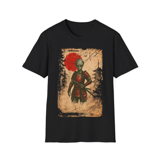 Alien Samurai t-shirt design, featuring a grey alien warrior in red samurai armor with a sheathed katana against a distressed parchment style background with a red sun behind it on a black background