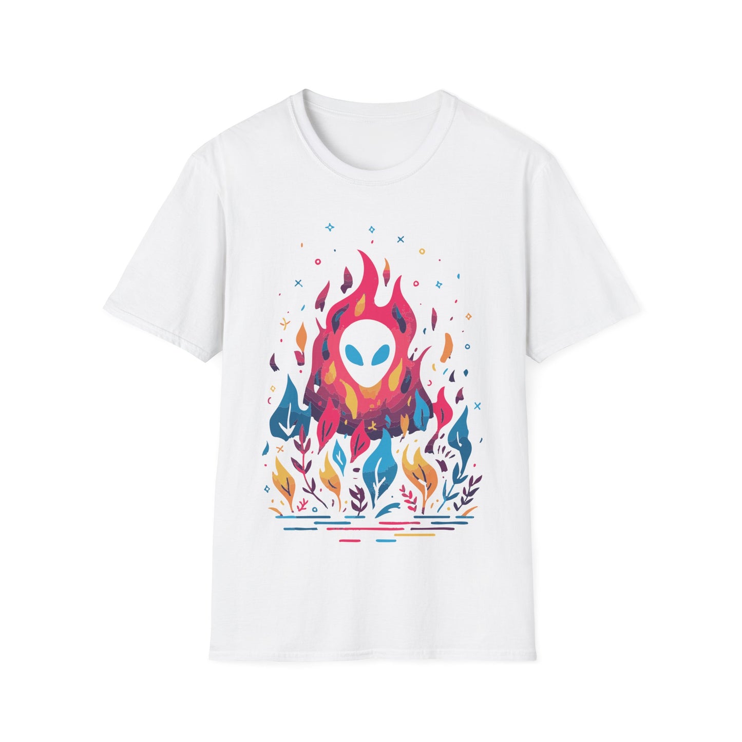 Neon Alien Fire and Botanicals t-shirt design, featuring an alien face with glowing blue eyes emerging from vivid pink flames surrounded by colorful blue, yellow, and purple botanical elements on a white background