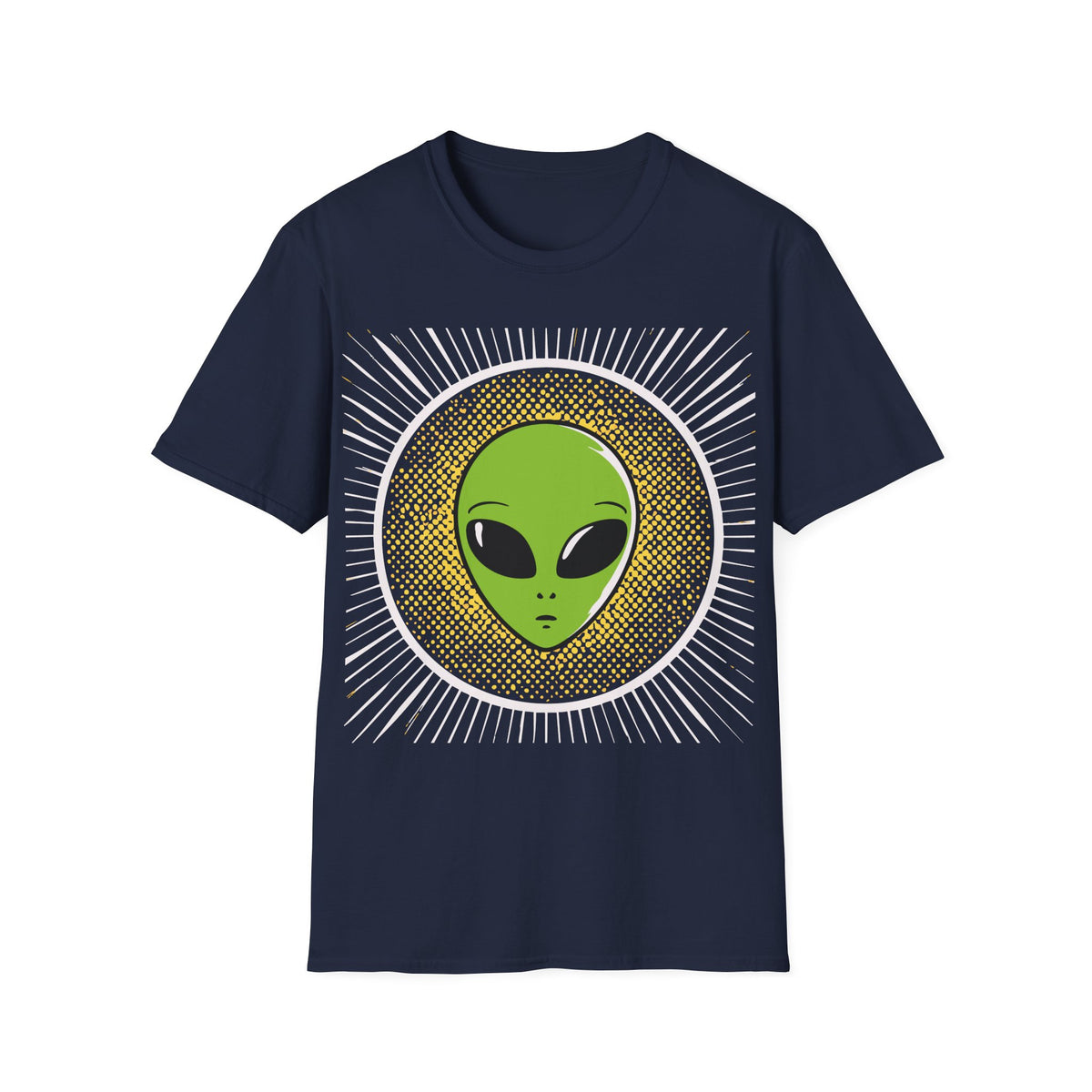 Retro Alien t-shirt design, featuring a bright green alien head with oversized black eyes surrounded by yellow halftone dots and radiating white lines in a bold vintage pop art style on a navy blue background