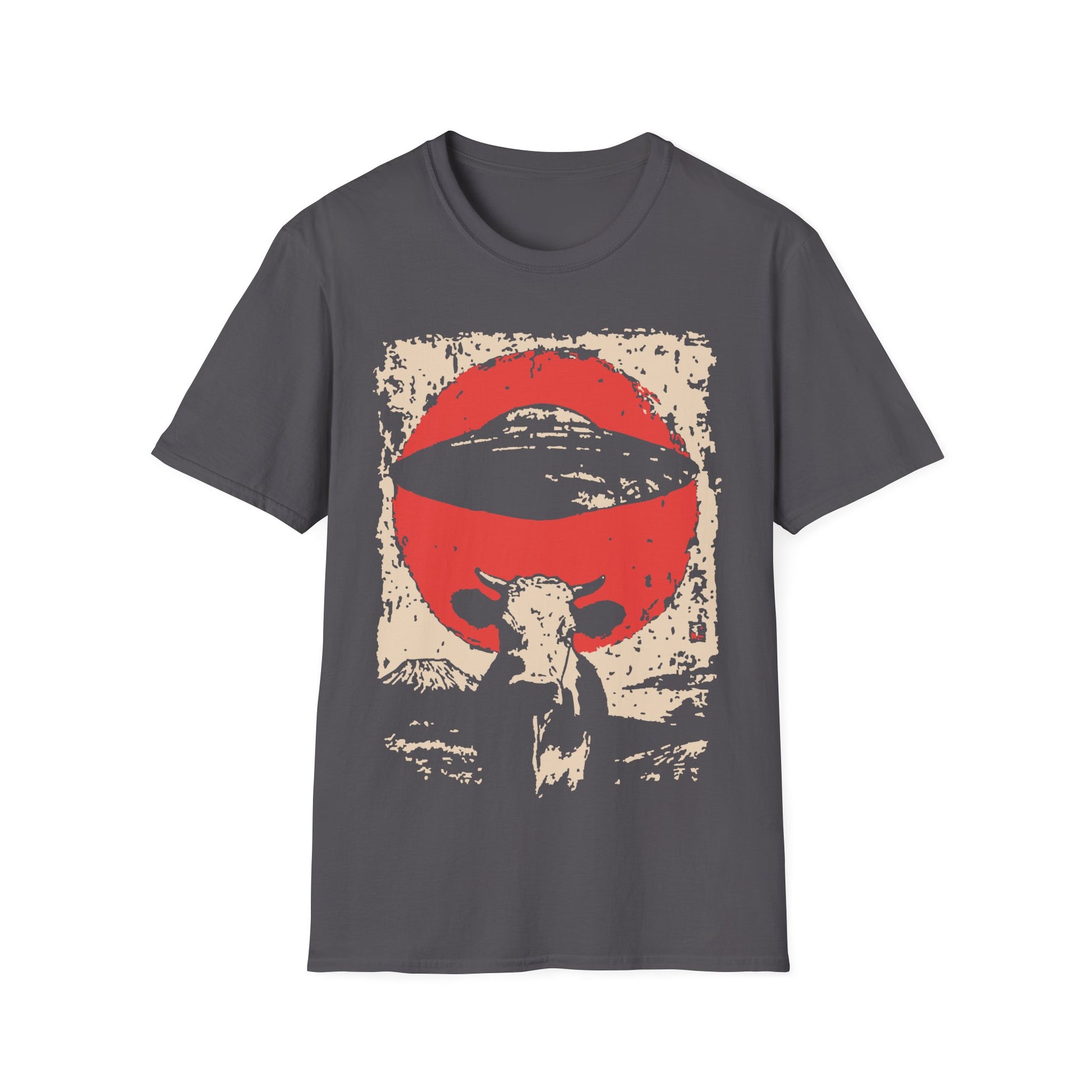 UFO Cow Abduction Red Sun t-shirt design, featuring a longhorn cow silhouette beneath a hovering flying saucer and oversized red sun in a distressed vintage sci-fi illustration on a charcoal grey background