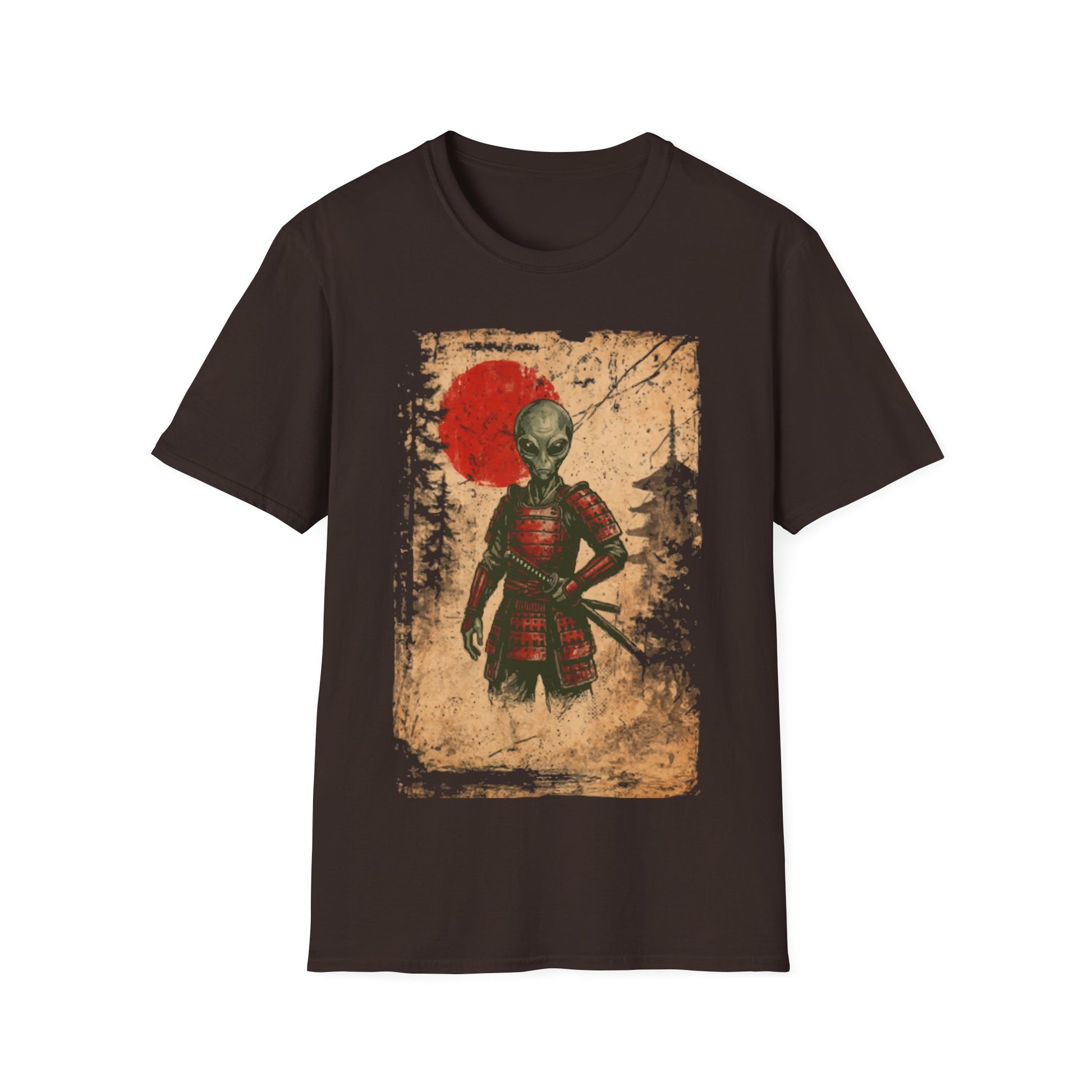 Alien Samurai t-shirt design, featuring a grey alien warrior in red samurai armor with a sheathed katana against a distressed parchment style background with a red sun behind it on a dark chocolate brown background