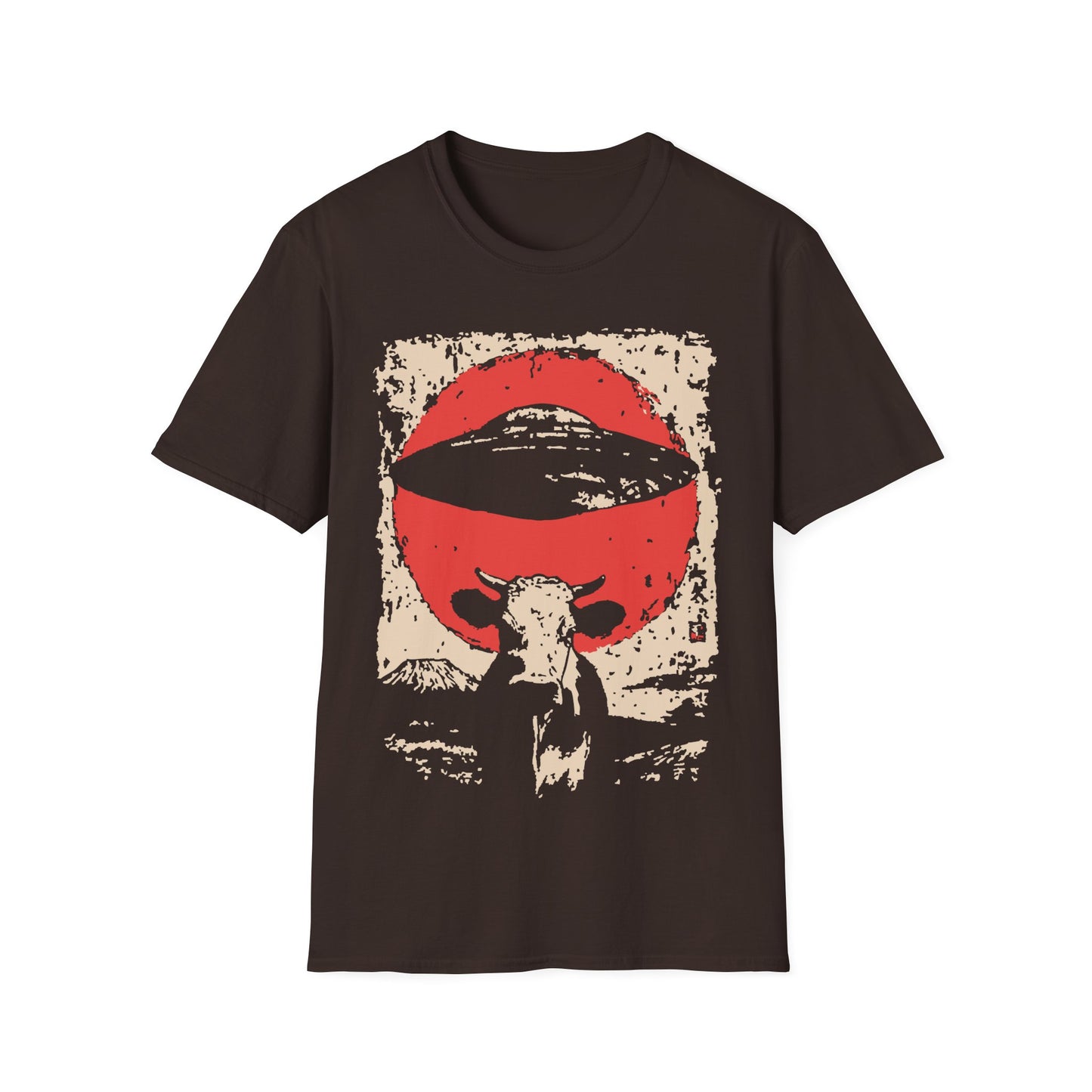 UFO Cow Abduction Red Sun t-shirt design, featuring a longhorn cow silhouette beneath a hovering flying saucer and oversized red sun in a distressed vintage sci-fi illustration on a dark chocolate brown background