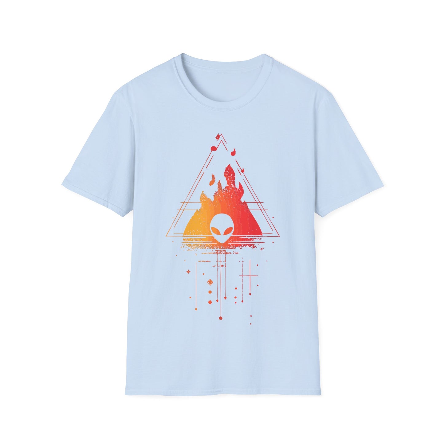 Alien Burning Triangle t-shirt design, featuring an alien head set against fiery yellow-to-red flames inside a geometric triangle with retro sci-fi linework on a light blue background