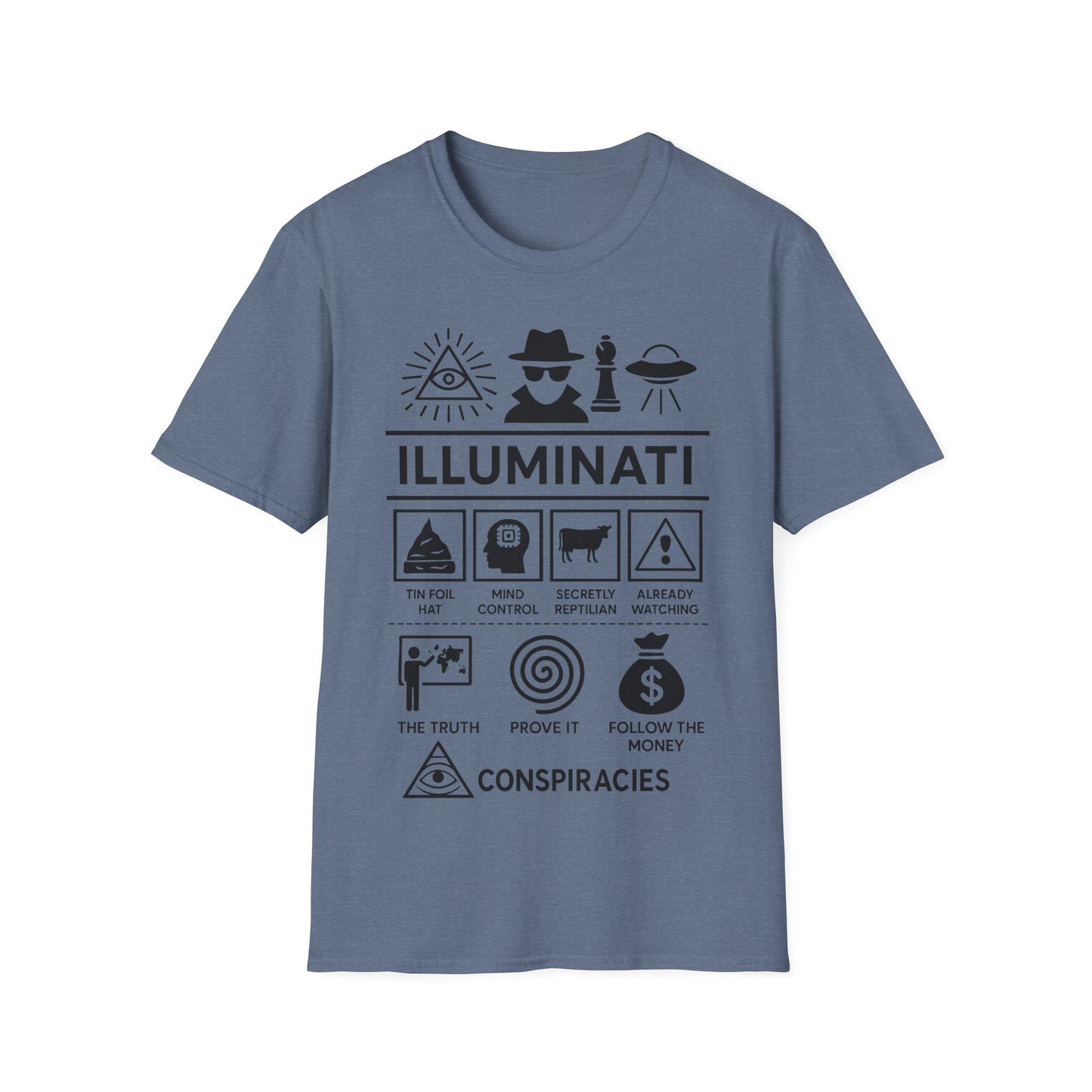 Illuminati Icon Based t-shirt design, featuring bold white Illuminati lettering with all-seeing eye, secret figure, UFO, and humorous conspiracy-themed icon panels in a monochrome infographic style on a heather indigo background