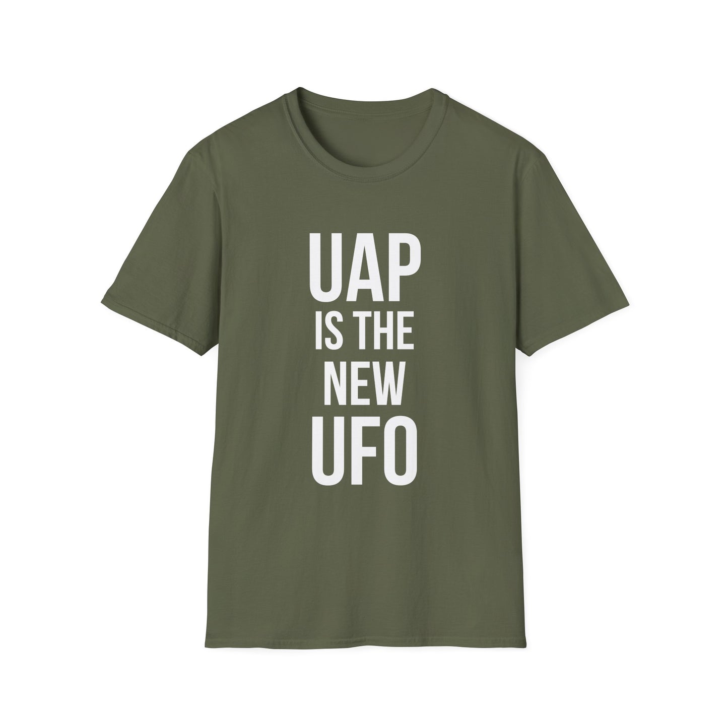 UAP Is the New UFO t-shirt design, featuring bold stacked typography reading “UAP IS THE NEW UFO” in a clean minimalist text based layout on a military green background