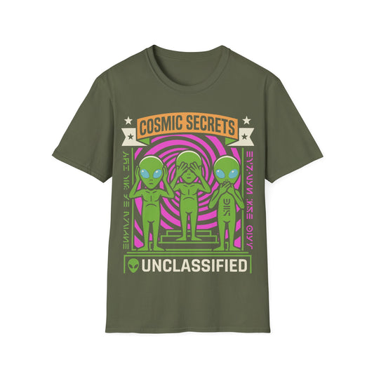 Cosmic Secrets t-shirt design, featuring three green aliens posing as hear no evil, see no evil, and speak no evil against a purple spiral with alien glyphs and bold Unclassified lettering on a military green background