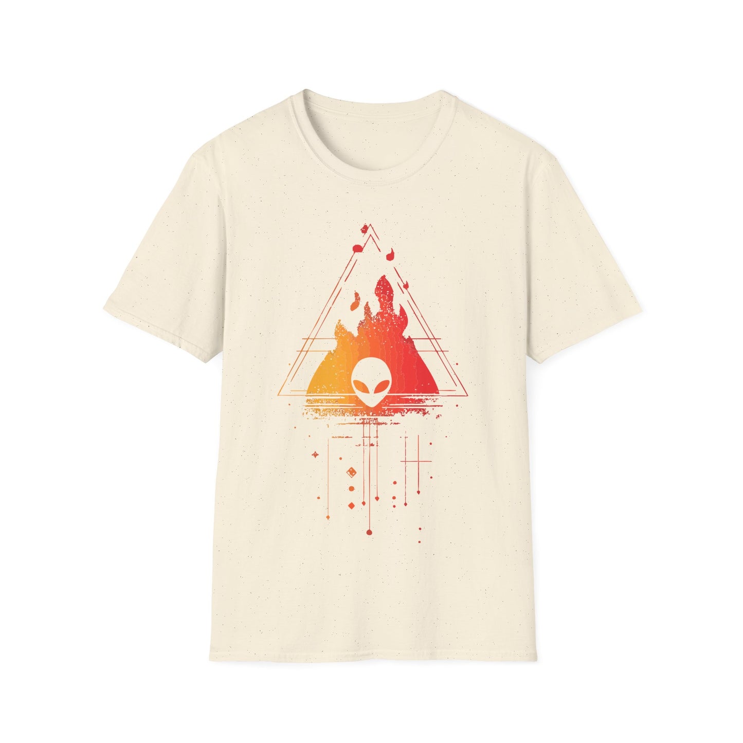 Alien Burning Triangle t-shirt design, featuring an alien head set against fiery yellow-to-red flames inside a geometric triangle with retro sci-fi linework on a white background