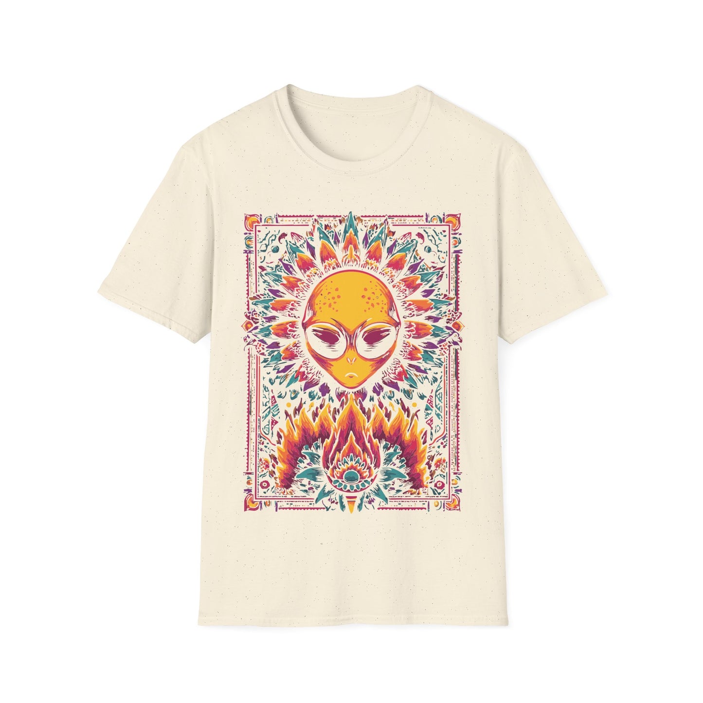 Psychedelic Alien Floral t-shirt design, featuring a glowing yellow alien head framed by vivid pink, teal, and orange floral patterns in a symmetrical psychedelic illustration on a white background