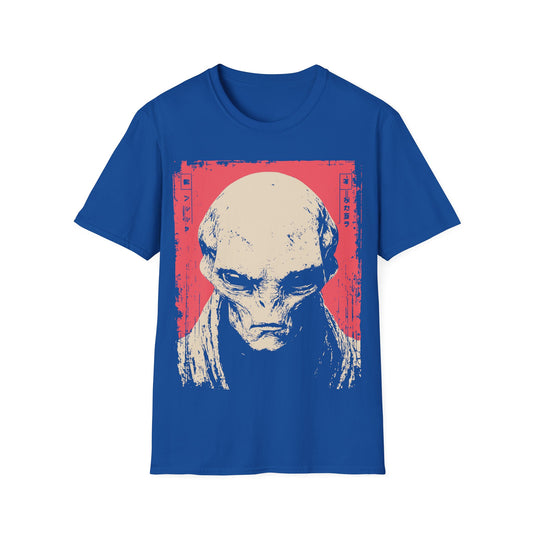 Alien Portrait Woodblock t-shirt design, featuring a detailed pale alien face in a distressed woodblock style illustration with Japanese inspired border elements on a blue background