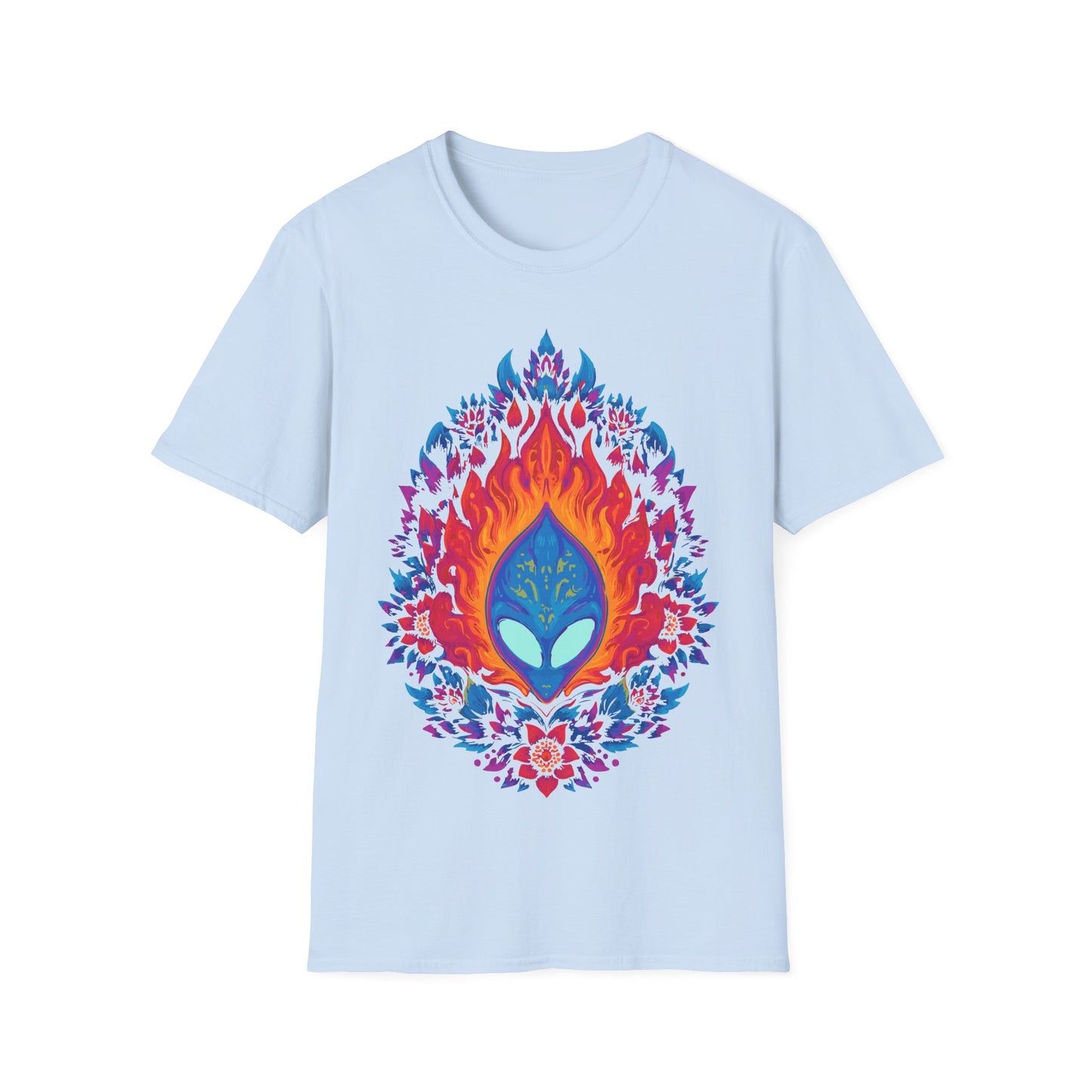 Flaming Alien Mask Floral t-shirt design, featuring a blue alien mask surrounded by vivid orange flames and bright pink, purple, and blue floral elements in a symmetrical psychedelic illustration on a light blue background