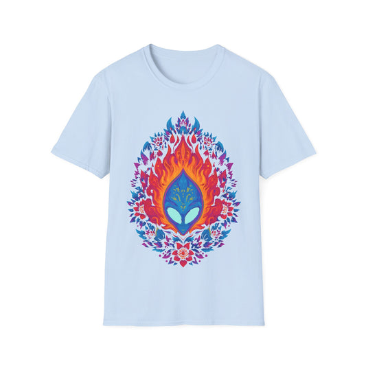 Flaming Alien Mask Floral t-shirt design, featuring a blue alien mask surrounded by vivid orange flames and bright pink, purple, and blue floral elements in a symmetrical psychedelic illustration on a light blue background