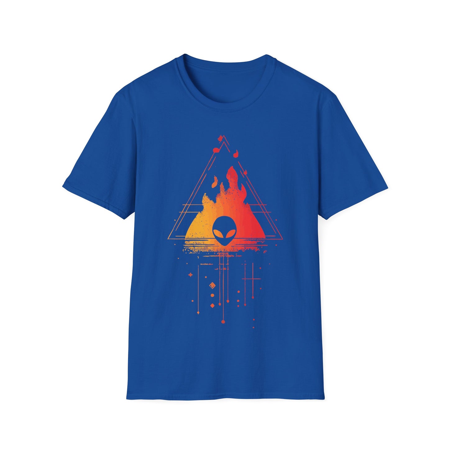 Alien Burning Triangle t-shirt design, featuring an alien head set against fiery yellow-to-red flames inside a geometric triangle with retro sci-fi linework on a blue background