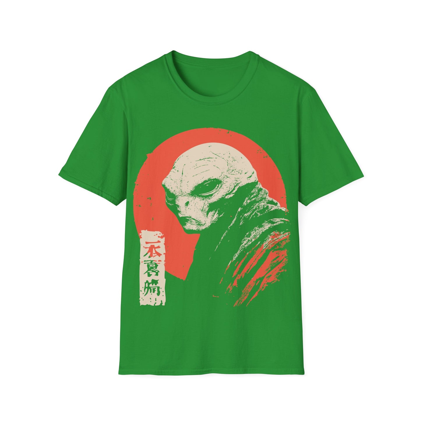 Alien Red Sun Portrait t-shirt design, featuring a pale side profile alien figure in a distressed woodblock style illustration with Japanese inspired seal details against a muted red sun on an irish green background