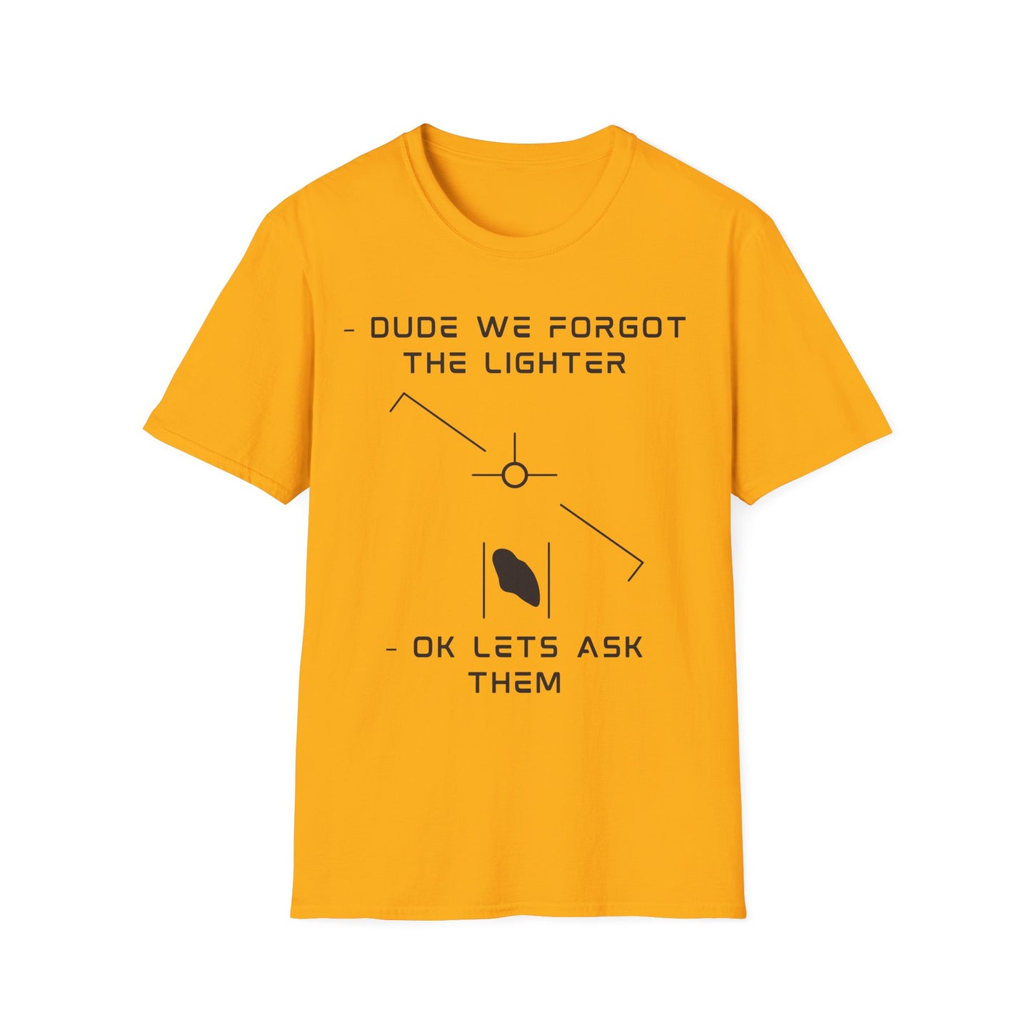 Funny "Forgot the Lighter" alien UFO t-shirt design with minimalist white line art spaceship and humans, captioned dude we forgot the lighter ok lets ask them on yellow t-shirt
