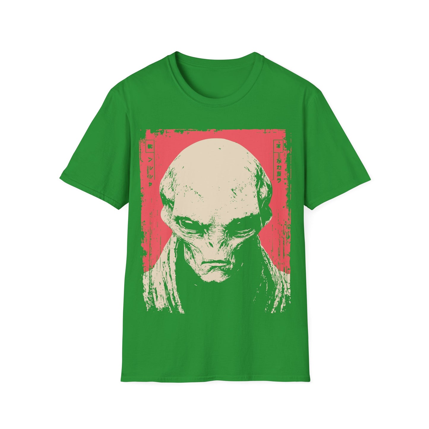 Alien Portrait Woodblock t-shirt design, featuring a detailed pale alien face in a distressed woodblock style illustration with Japanese inspired border elements on an irish green background