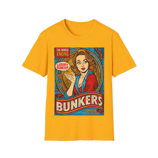 Luxury Bunkers t-shirt design, featuring a glamorous retro woman presenting bold bunker-themed lettering with “The World Ending” and “Alien Invasion” text in a vibrant red, blue, and yellow comic book pop art style on a gold yellow background