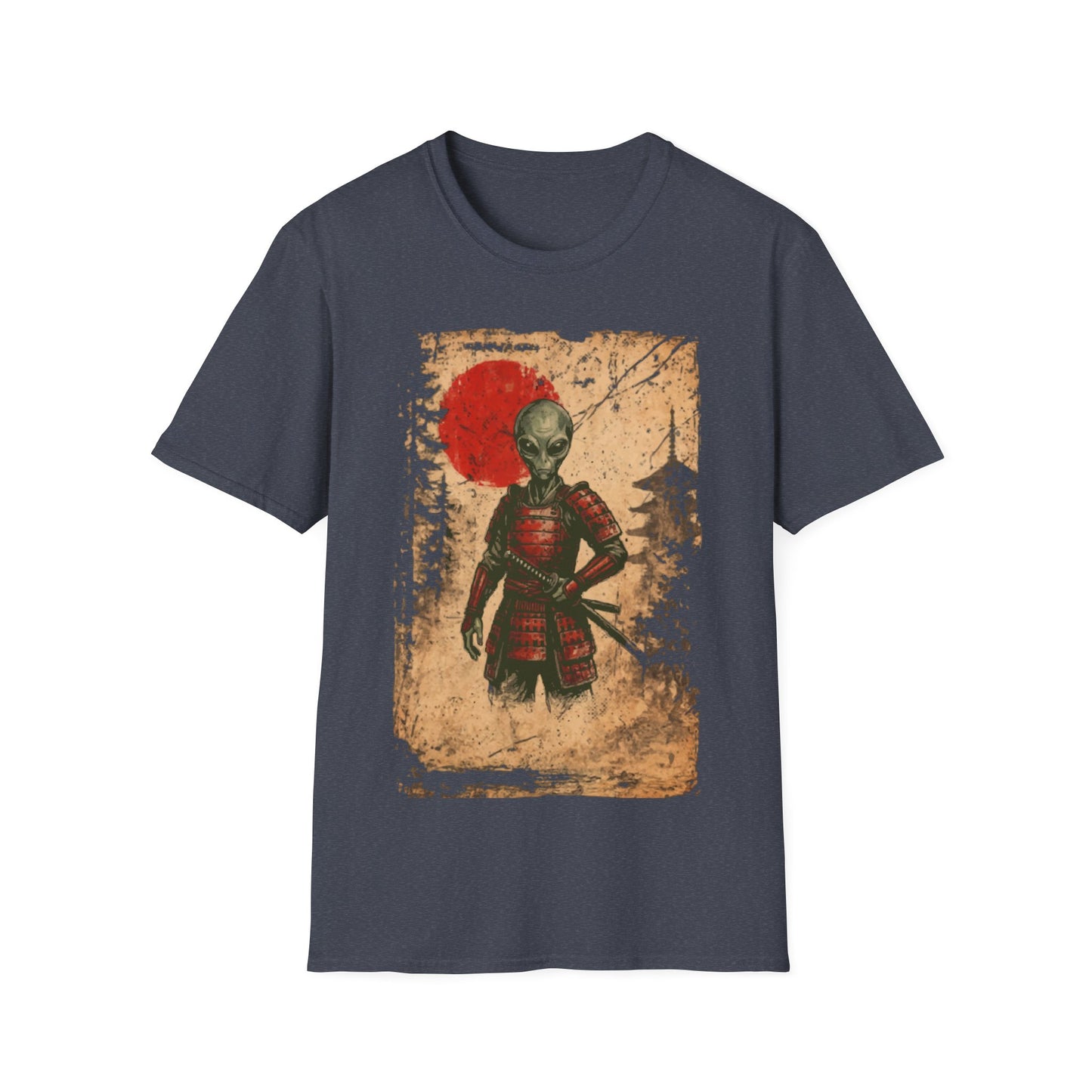 Alien Samurai t-shirt design, featuring a grey alien warrior in red samurai armor with a sheathed katana against a distressed parchment style background with a red sun behind it on a grey background