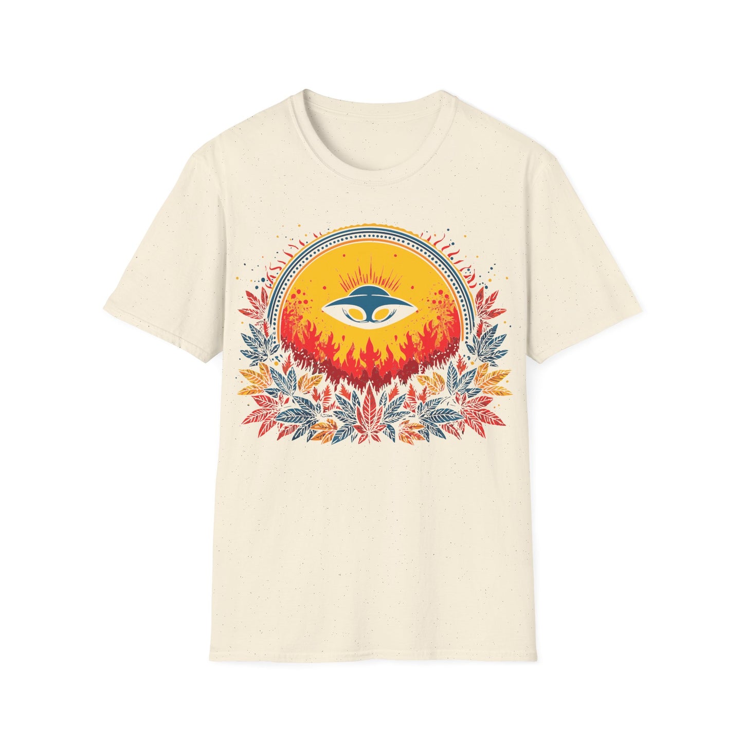 UFO Sun Fire t-shirt design, featuring a blue flying saucer silhouetted against a glowing golden sun with red flames and vibrant red, blue, and yellow foliage on a white background