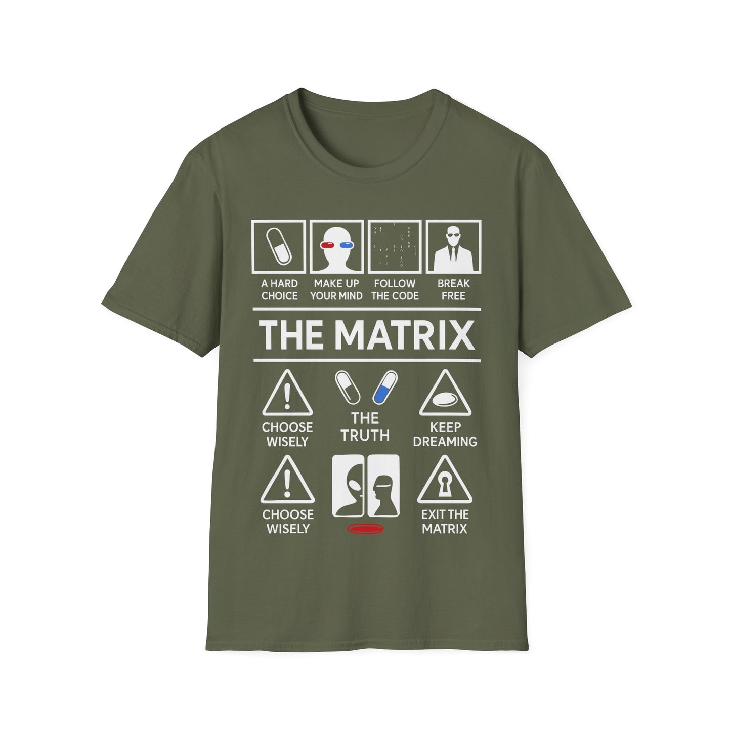 Matrix Icon Based t-shirt design, featuring bold white The Matrix lettering with red and blue pill symbols, code, suited figure, and sci-fi choice-based icon panels in a monochrome infographic style on a military green background