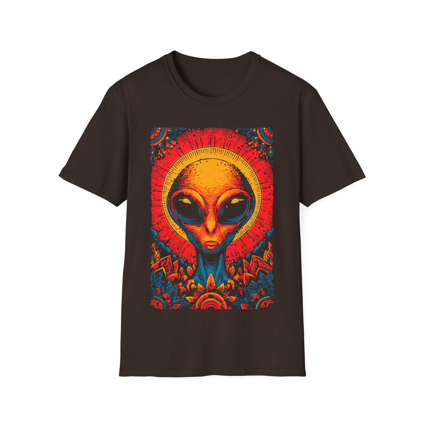 Alien Sun God Portrait t-shirt design, featuring a glowing orange alien face with halo-like sun rays and vivid blue, red, and gold ornamental patterns in a bold psychedelic illustration on a dark chocolate brown background