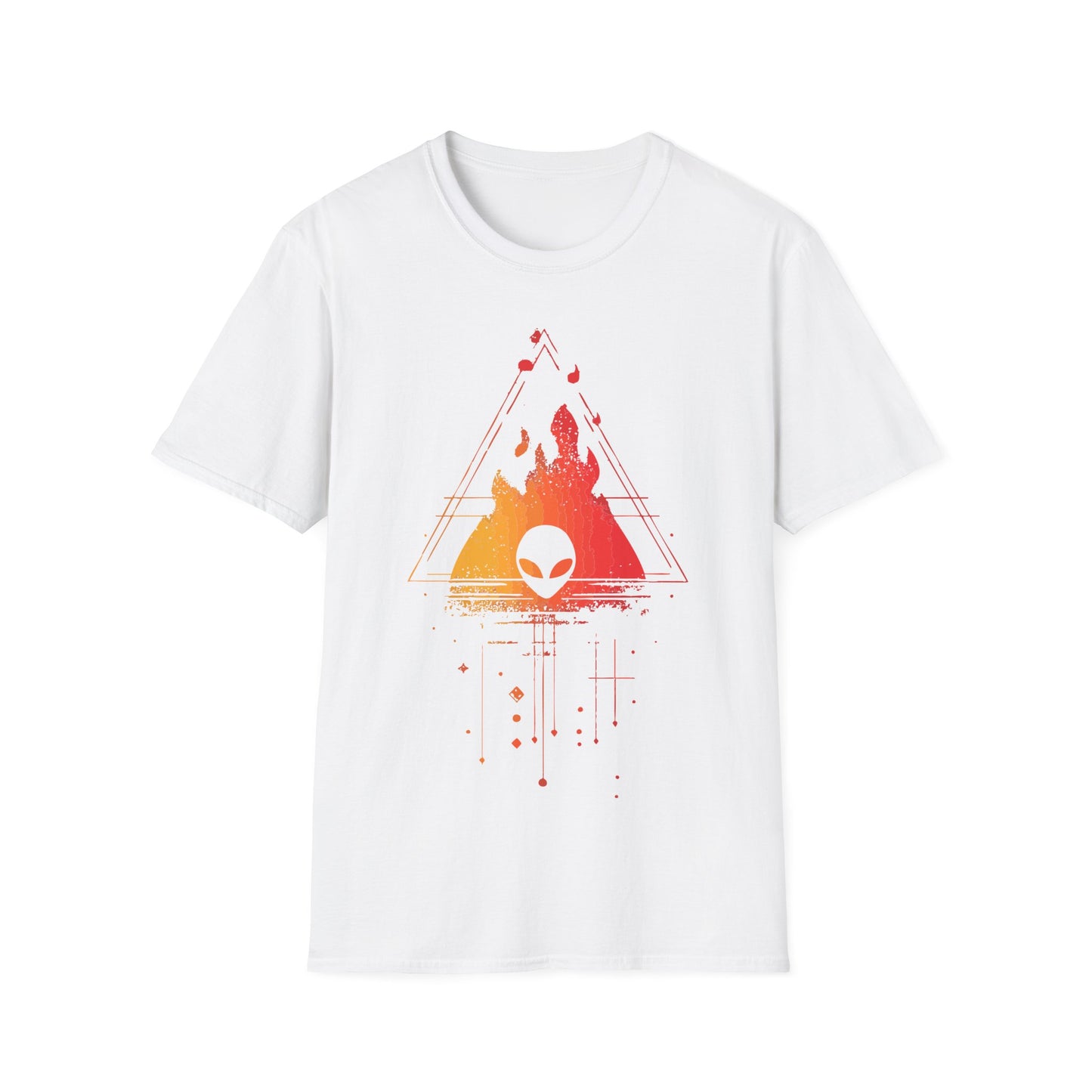 Alien Burning Triangle t-shirt design, featuring an alien head set against fiery yellow-to-red flames inside a geometric triangle with retro sci-fi linework on a white background