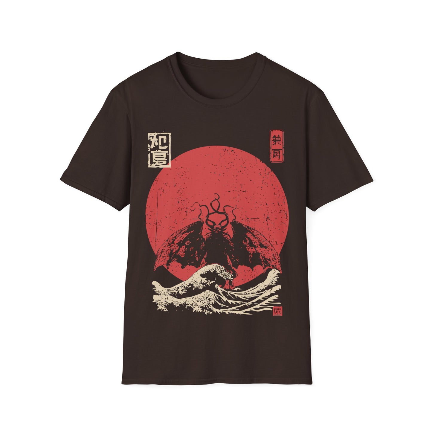 Mothman Red Sun t-shirt design, featuring a shadowy winged Mothman with glowing eyes rising above crashing waves against a distressed red sun in a vintage Japanese inspired illustration on a dark chocolate brown background