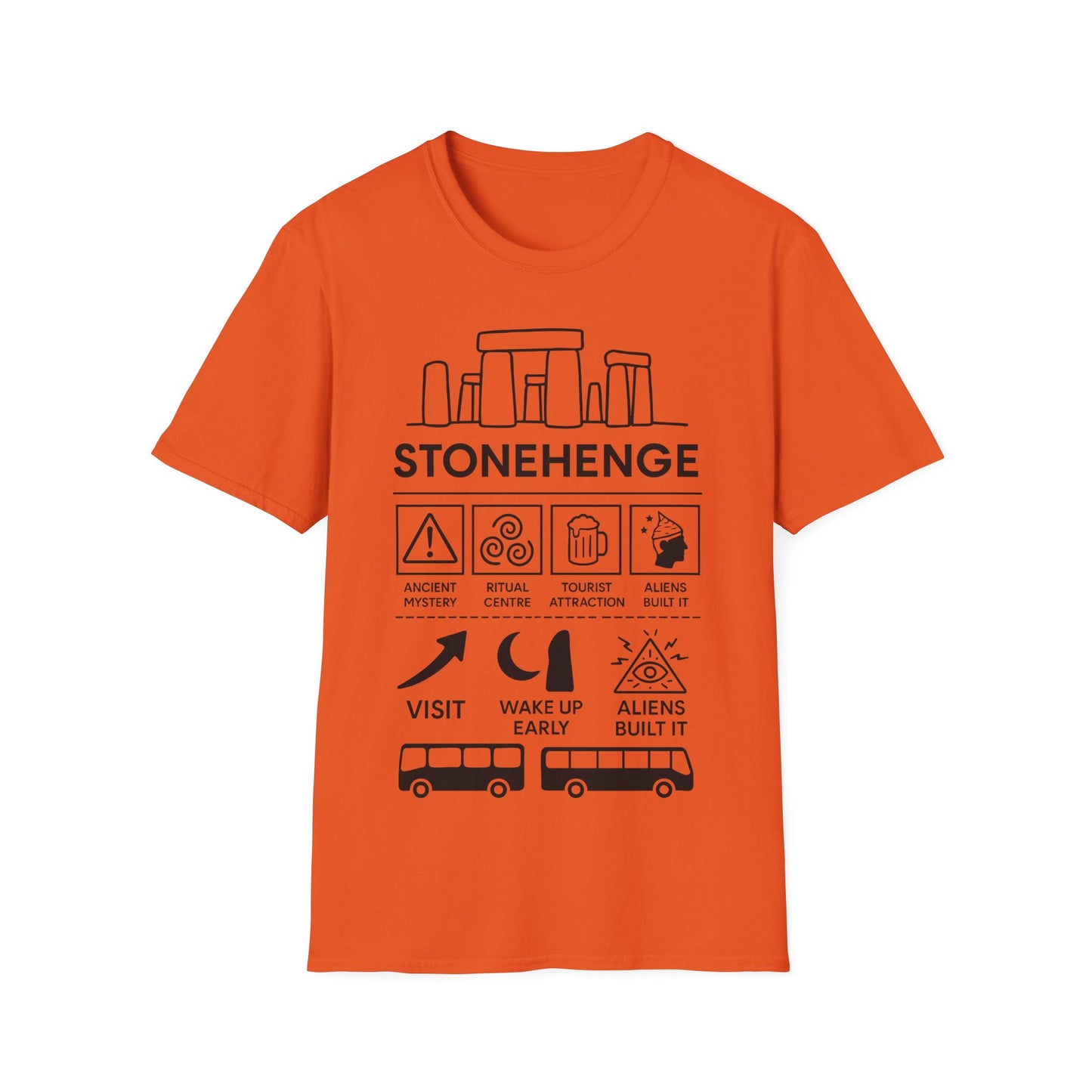 Stonehenge Icon Based t-shirt design, featuring bold white Stonehenge lettering with outlined stone monument, mystical symbols, buses, and humorous ancient mystery icon panels in a monochrome infographic style on an orange background
